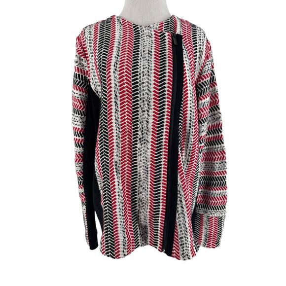 Chico's Women's Red White Textured sofia Moto Dweater Full Zip Cardigan Size 2 - Picture 1 of 5